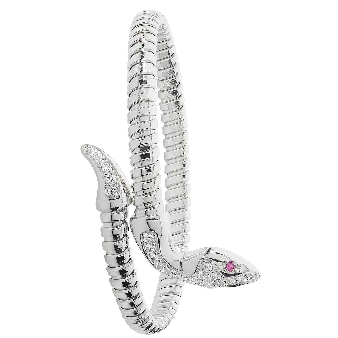 925 Sterling Silver Ladies' Oval Red Eyes Snake Bangle — 15.2g