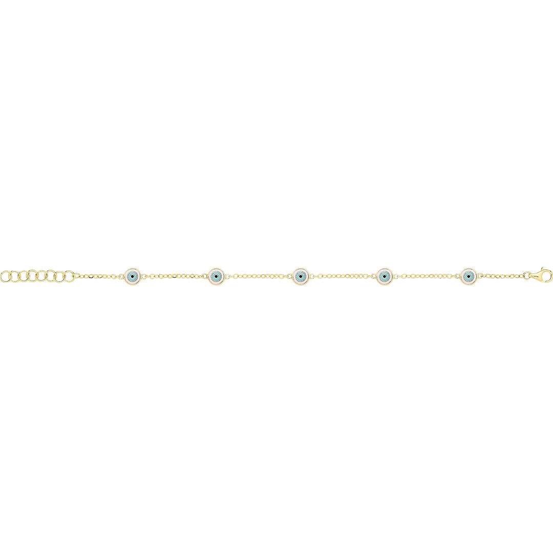9 Carat (375) Yellow Gold Unisex White Turquoise Enamel Evil Eye Bracelet — 2.9g