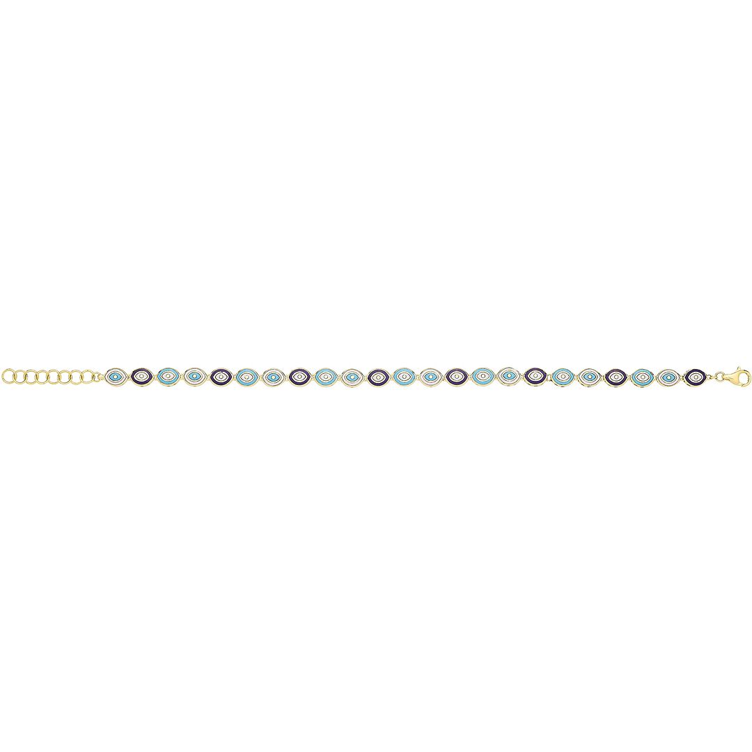 9 Carat (375) Yellow Gold Unisex White Turquoise Dark Blue Enamel Evil Eye Bracelet — 9.6g