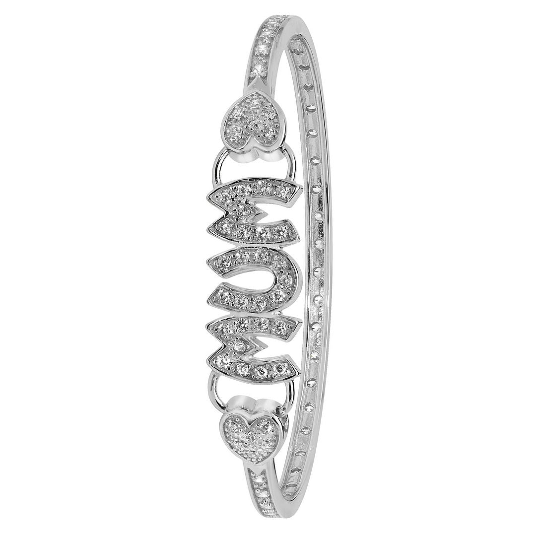 925 Sterling Silver Ladies' Oval Mum Double Hearts Hinged Bangle — 14.5g