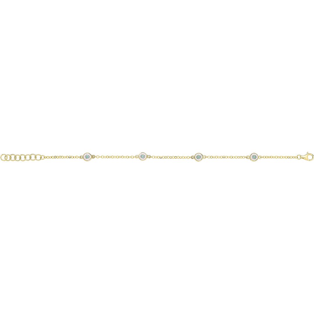 9 Carat (375) Yellow Gold Unisex White Turquoise Enamel Evil Eye Bracelet — 2.4g