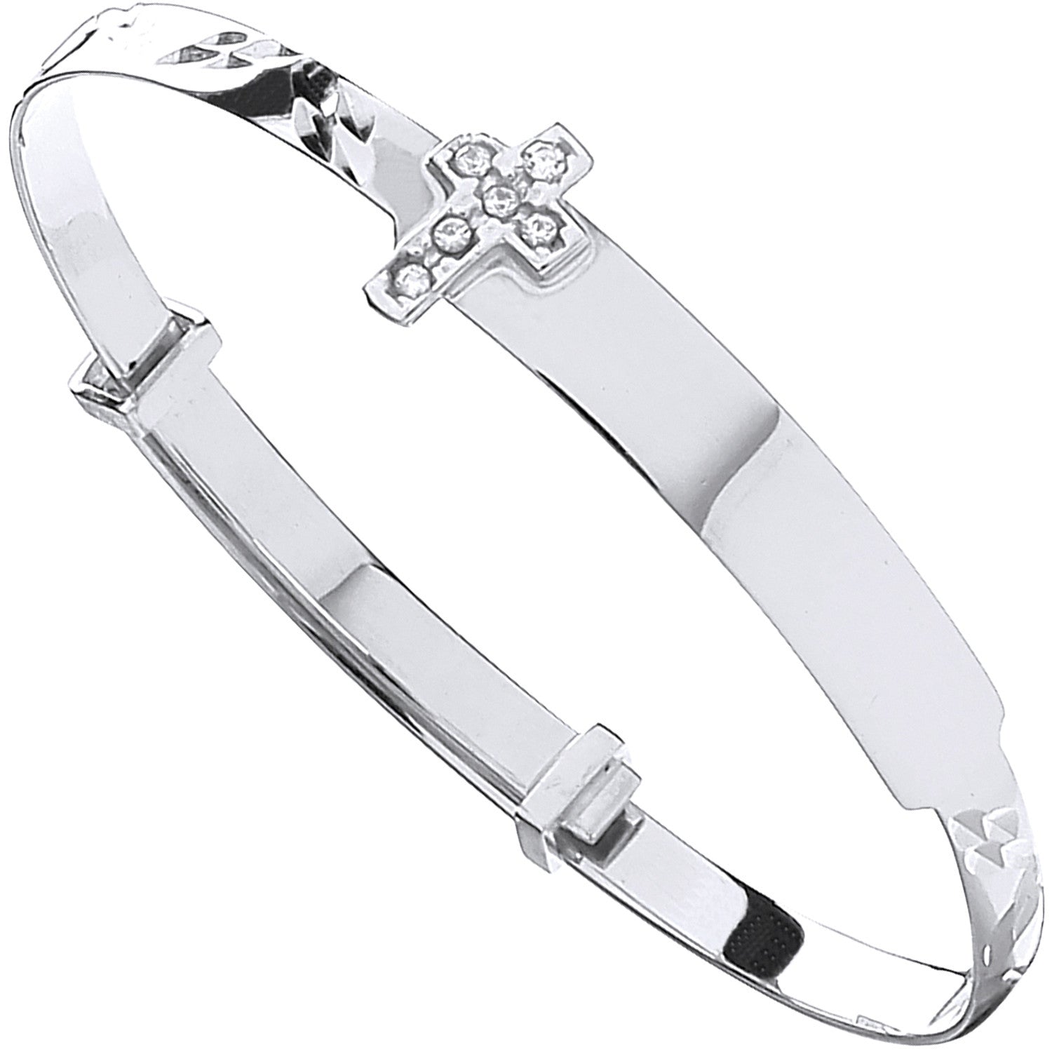 9ct White Gold Diamond Cut Expandable Baby Bangle Cubic Zirconia Cross