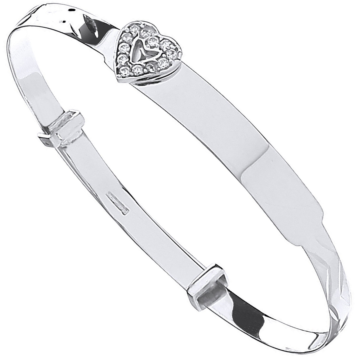 9ct White Gold Diamond Cut Expandable Baby Bangle Cubic Zirconia Heart