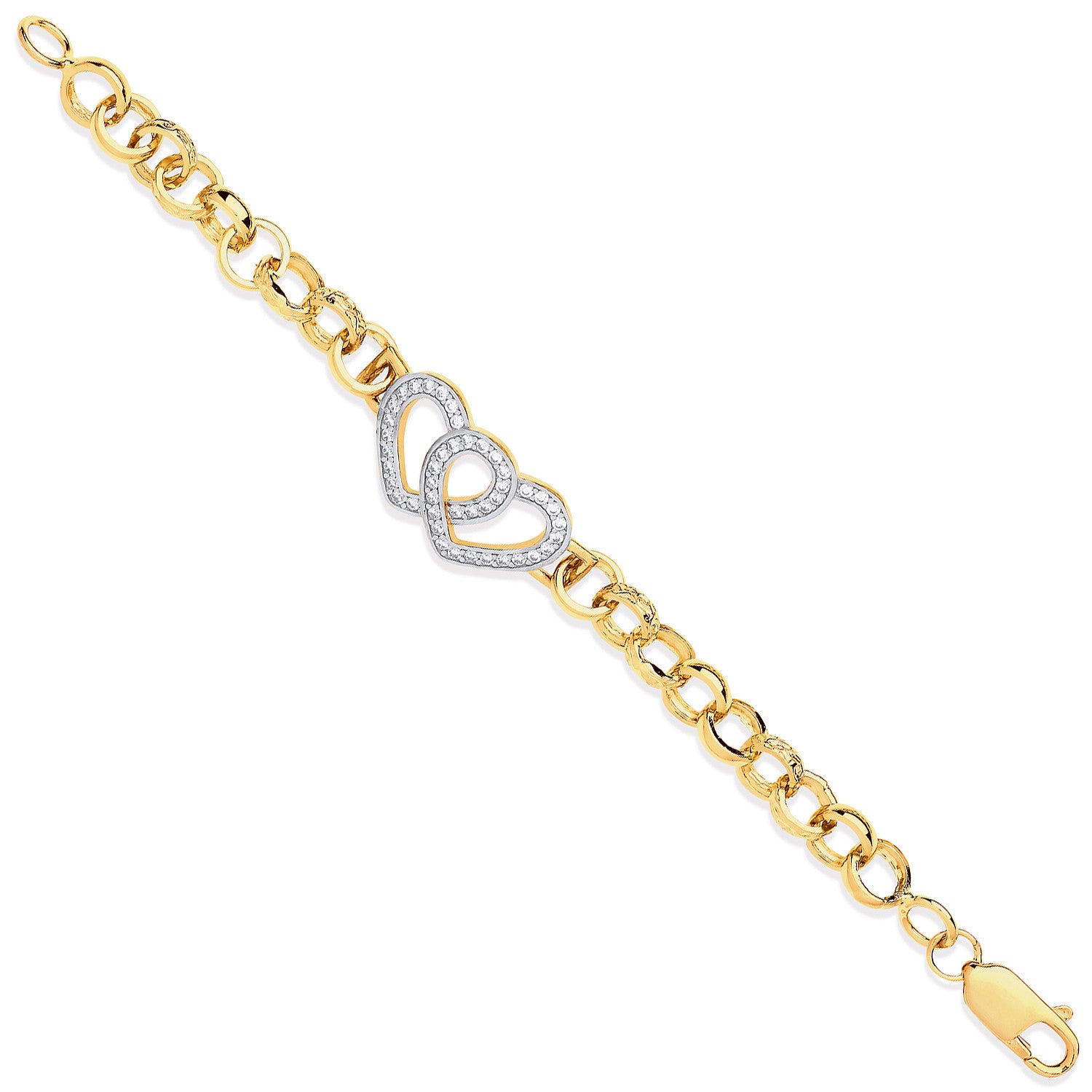 9ct Yellow Gold Belcher Links Cubic Zirconia Hearts Baby Bracelet