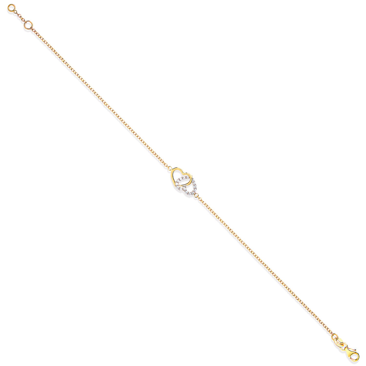 9ct Yellow Gold Plain & Cubic Zirconia Hearts Ladies Bracelet
