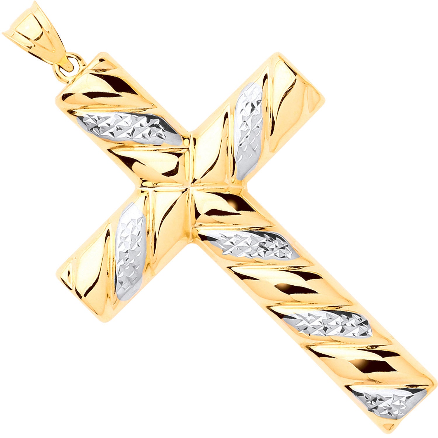 9ct Yellow & White Gold Large Hollow Tube Ribbed Cross