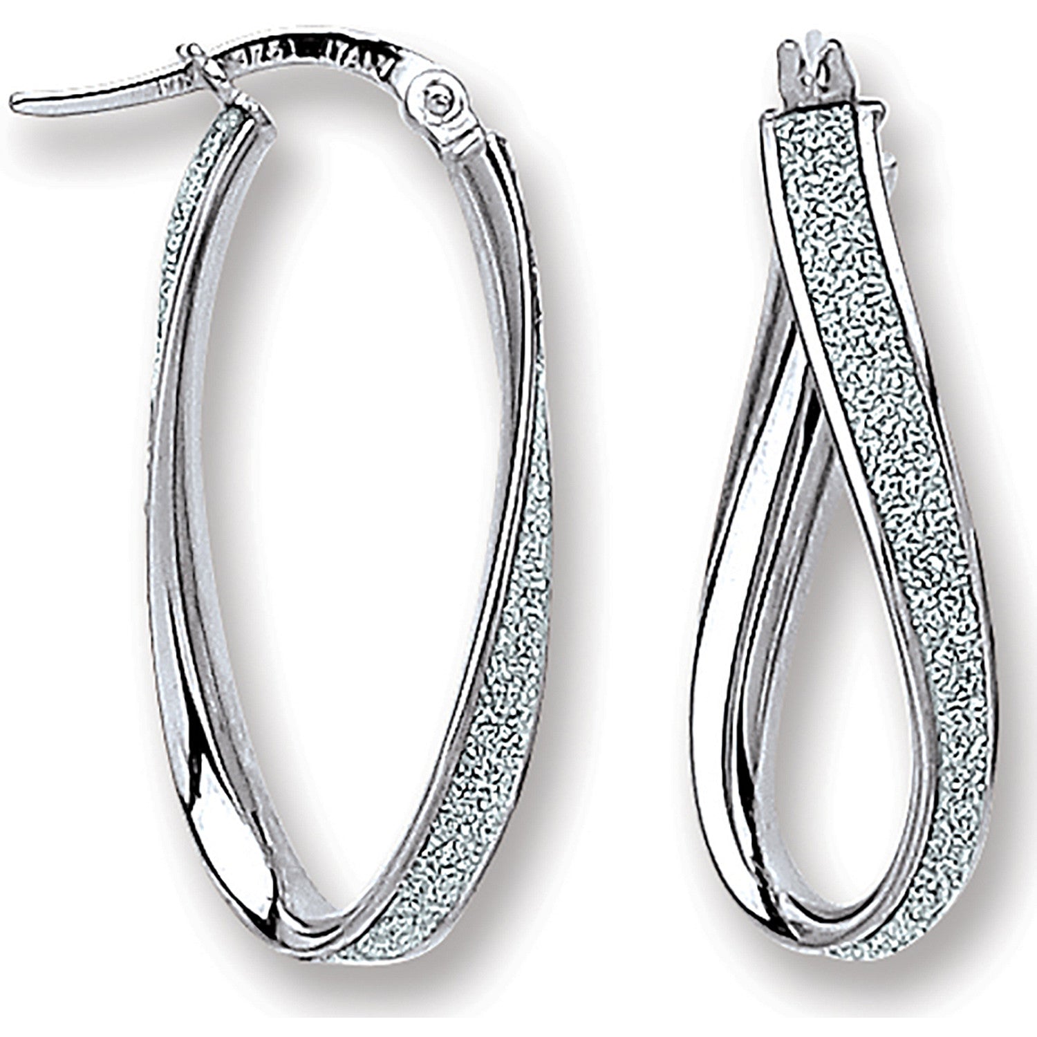 9ct White Gold Glitter Oval Twist Hoop Earrings