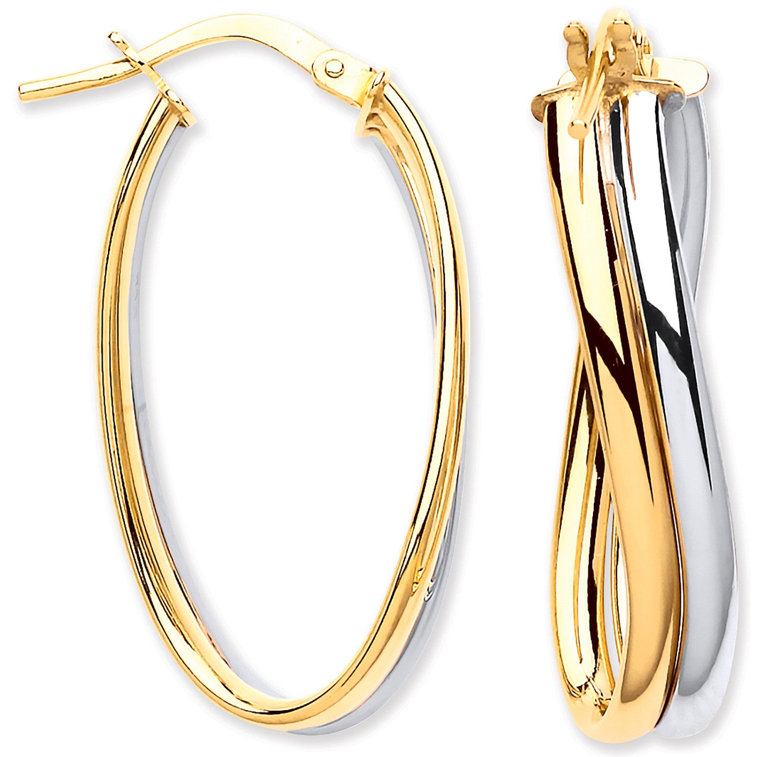 9ct White & Yellow Gold Wavy Flat Hollow Tube Earrings