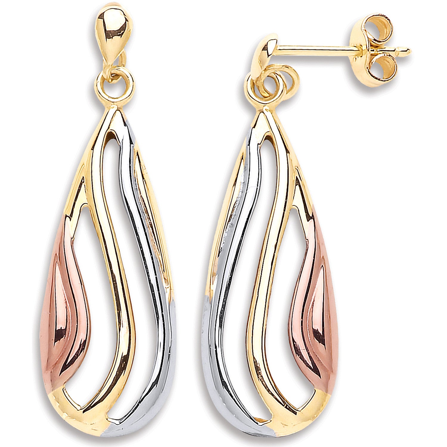 9ct Yellow White & Red Gold Teardrop Earrings