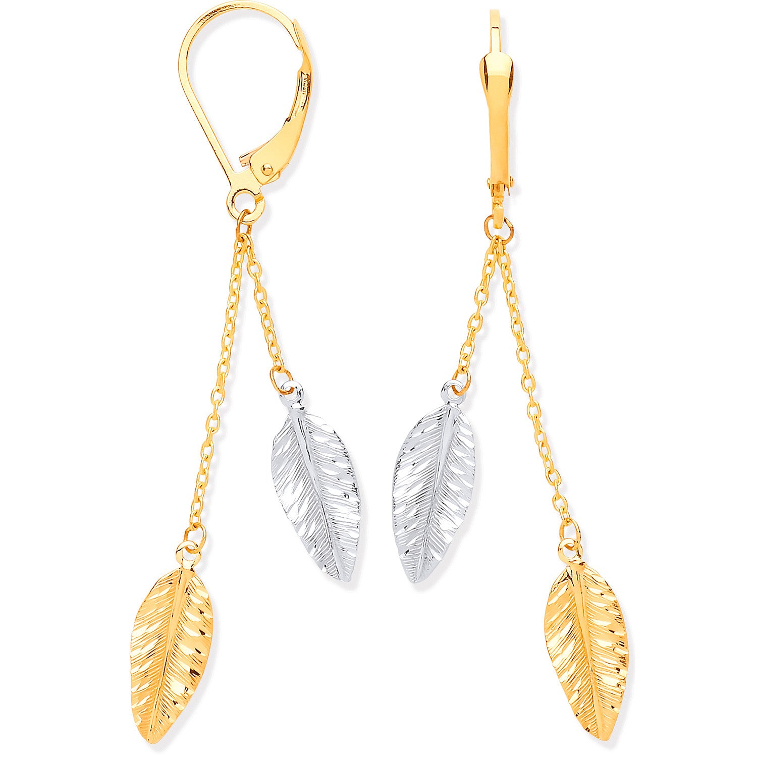 9ct Yellow & White Gold Leaf Drop Earrings