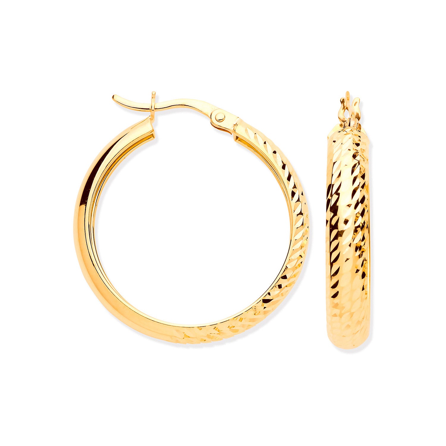 9ct Yellow Gold 24mm Half Diamond Cut Half Plain Hoop Earrings