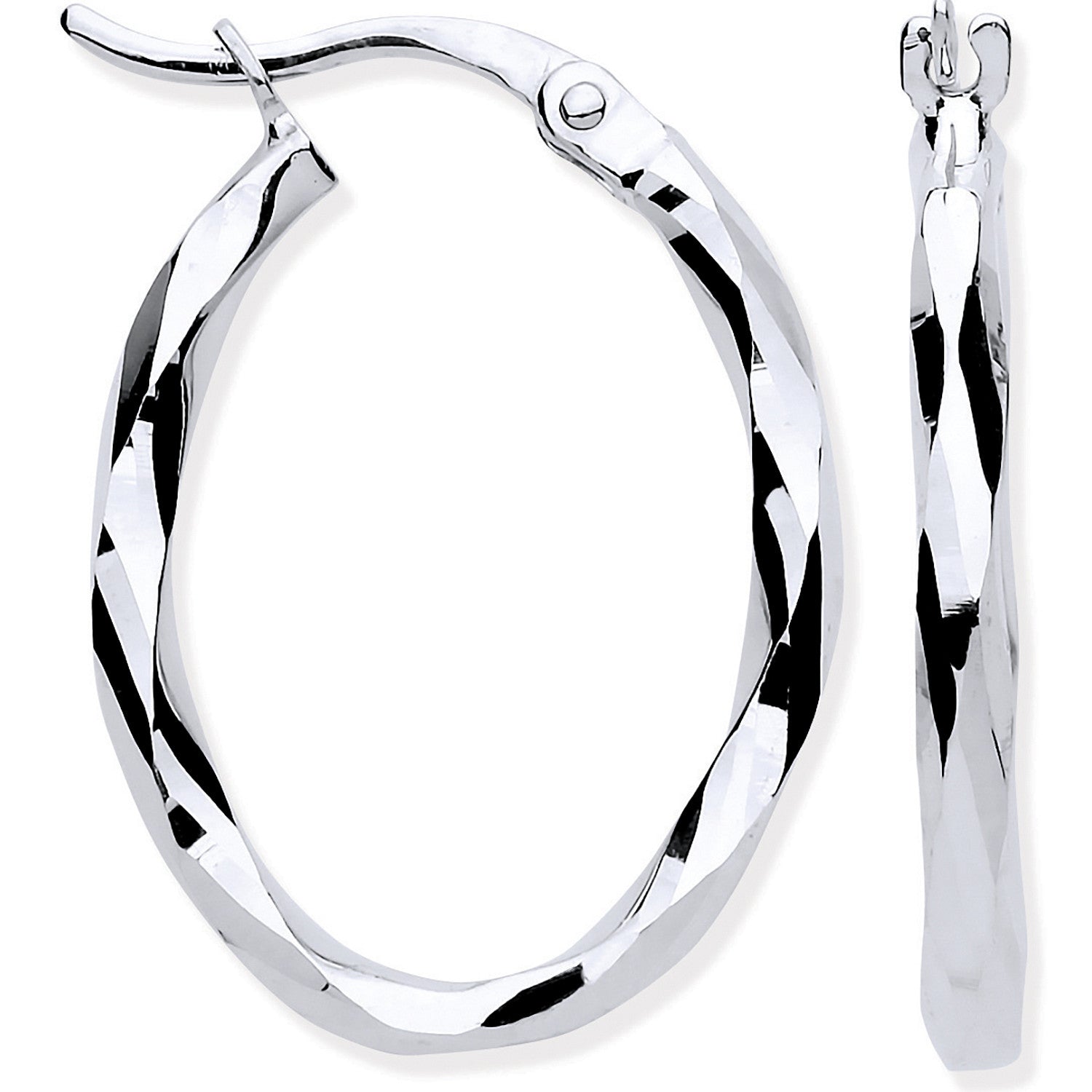 9ct White Gold Faceted Oval Hoop Earrings