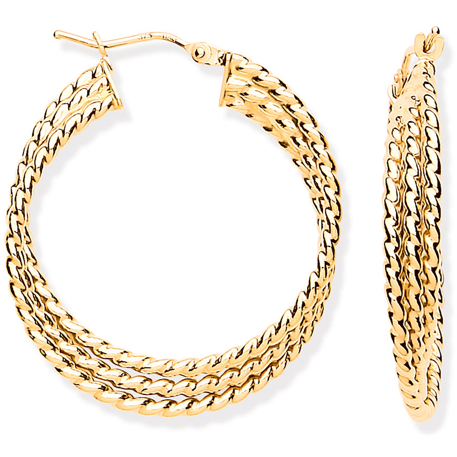 9ct Yellow Gold Large Triple Layer Ribbed Hoop Earrings
