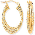 9ct Yellow Gold Triple Layer Ribbed & Plain Oval Hoop Earrings