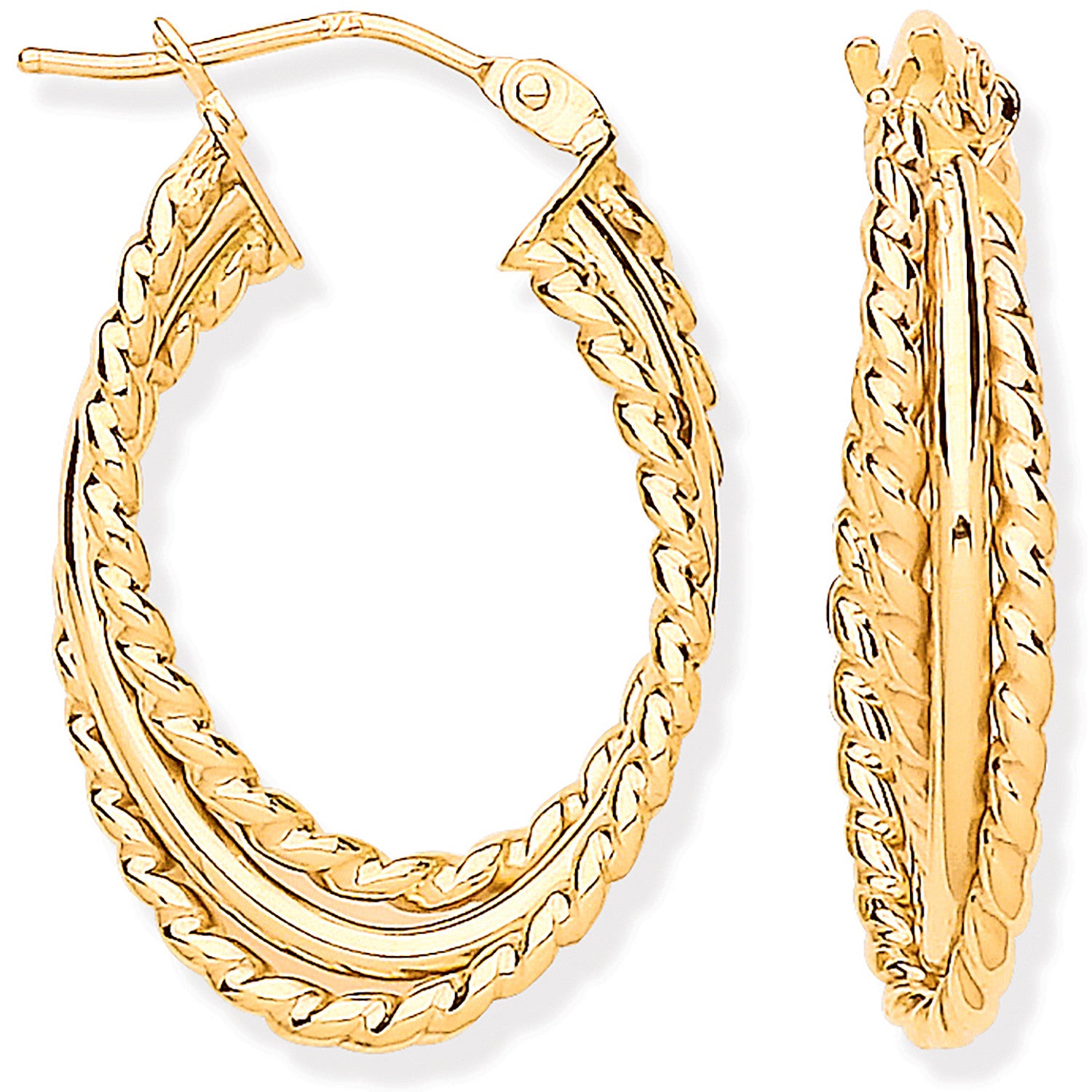 9ct Yellow Gold Triple Layer Ribbed & Plain Oval Hoop Earrings
