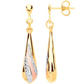 9ct Yellow Gold, Rose Gold Satin Finish, White Gold Ribbed Drop Earrings