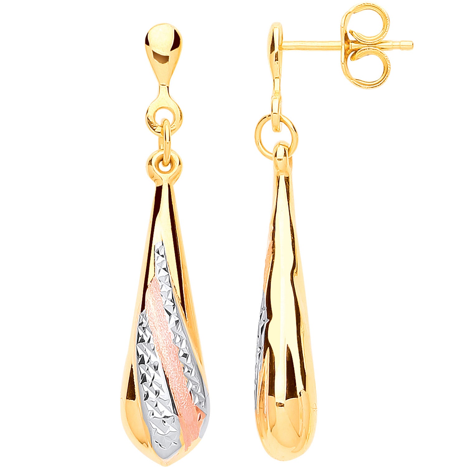 9ct Yellow Gold, Rose Gold Satin Finish, White Gold Ribbed Drop Earrings