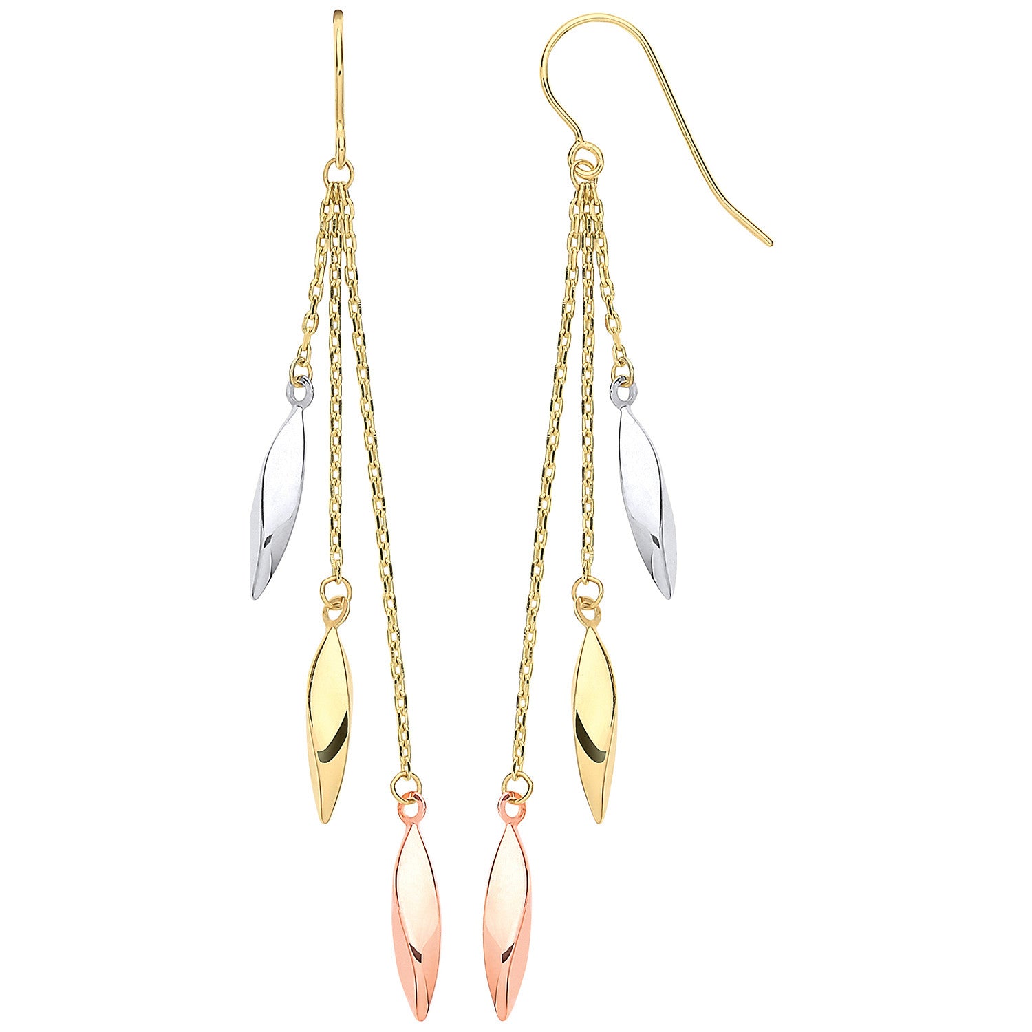 9ct Yellow, White & Rose Gold Twisted Tubes Hollow Drop Earrings