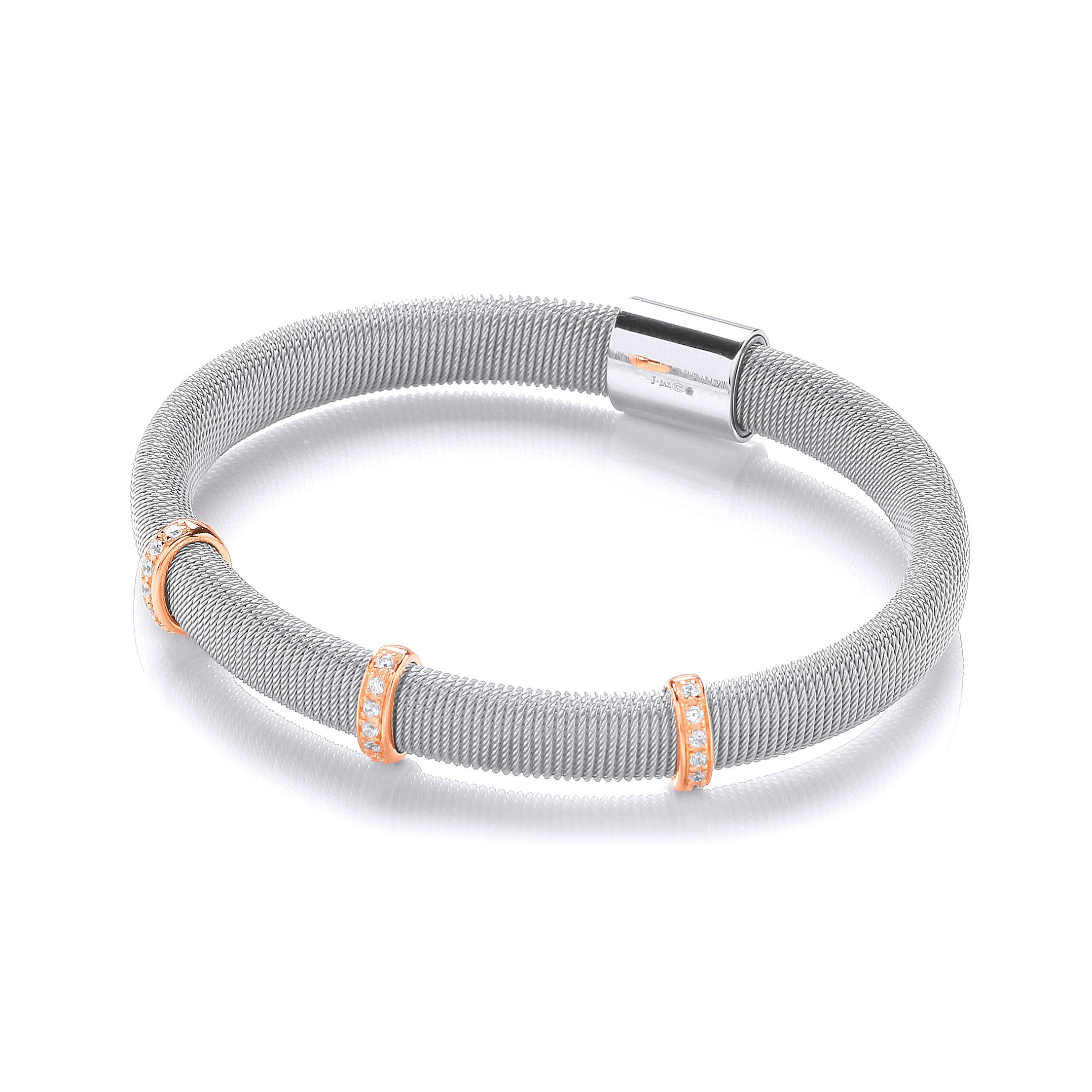 Sterling Silver Mangetic Bangle with Three Rose Lines of Cubic Zirconia's