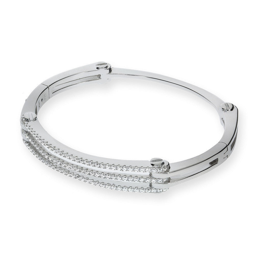 Micro Pave' Cubic Zirconia Hinged Sterling Silver Bangle