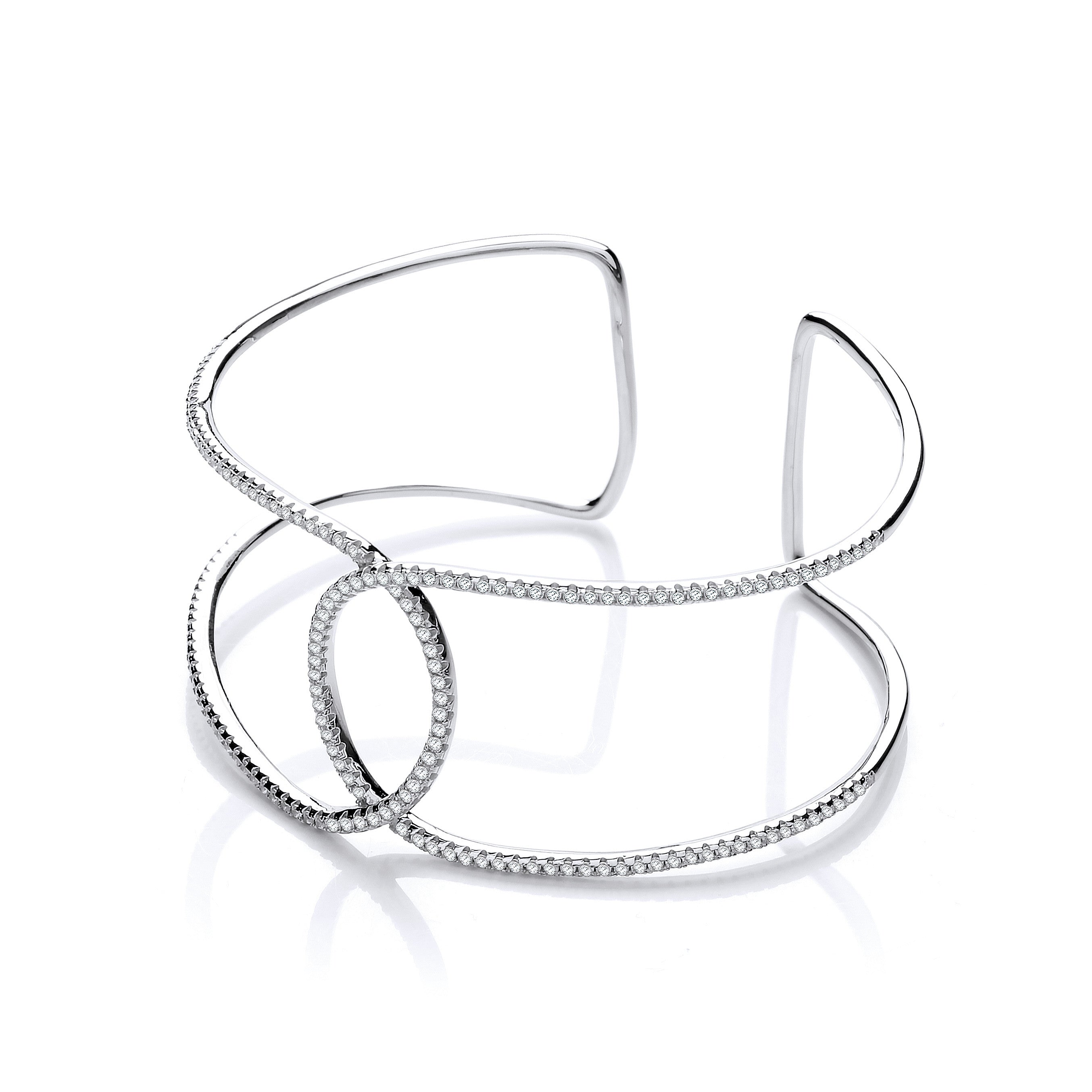Micro Pave' Two Row Cubic Zirconia Interlocking Cuff Sterling Silver Bangle
