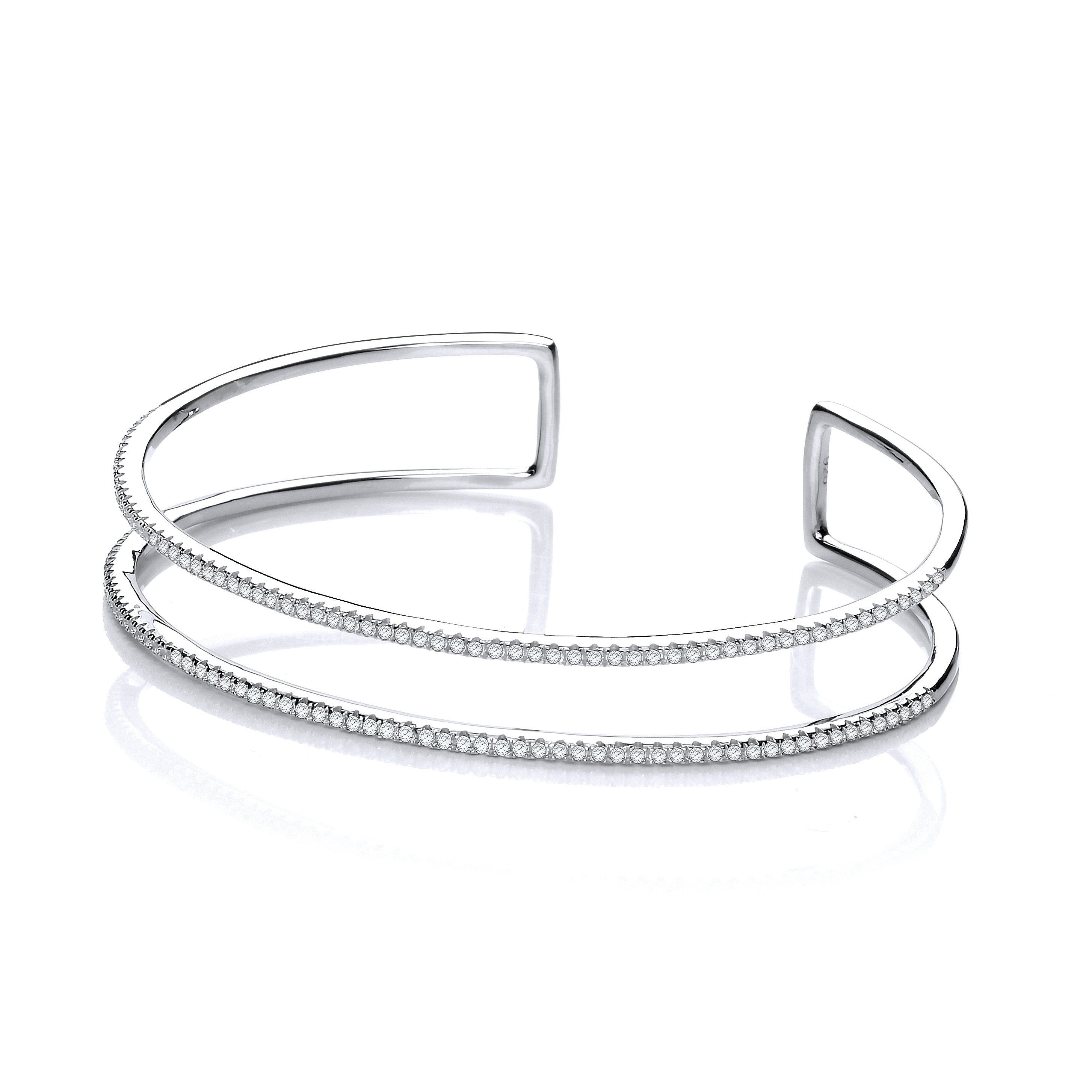 Micro Pave' Two Row Cubic Zirconia Cuff Sterling Silver Bangle