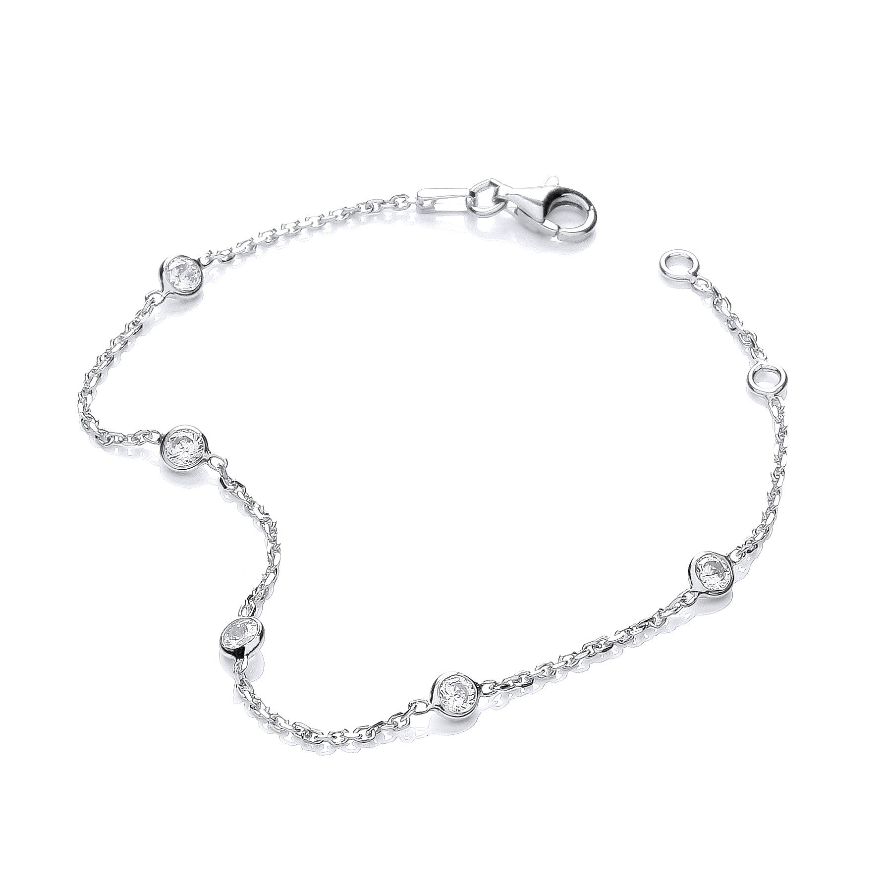 Sterling Silver Rh.Plated Rubover 5 Cubic Zirconia's Bracelet 7"