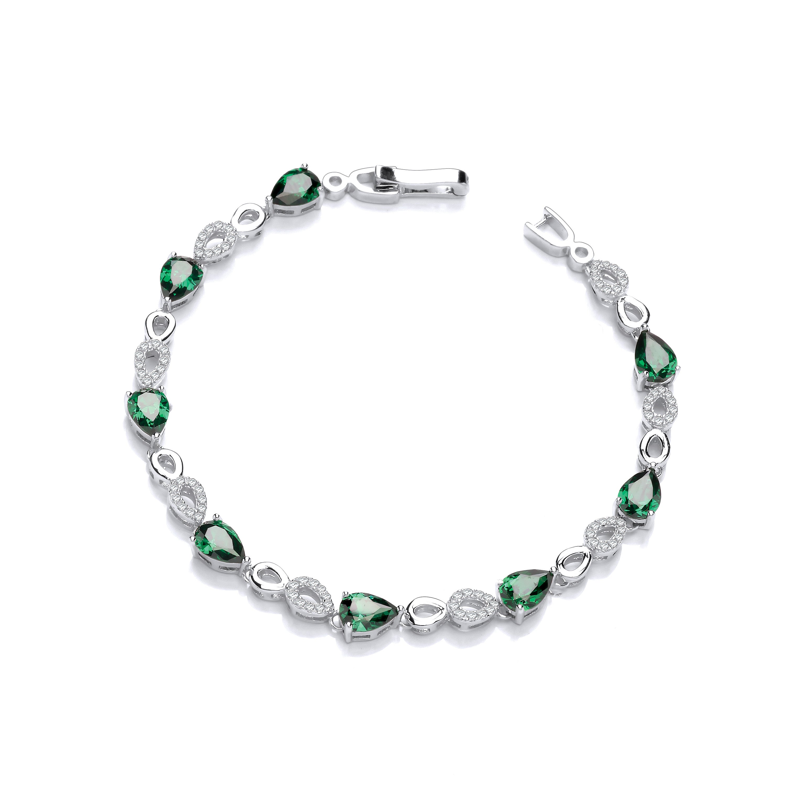 Green Teardrop Cubic Zirconia's Sterling Silver Ladies Bracelet