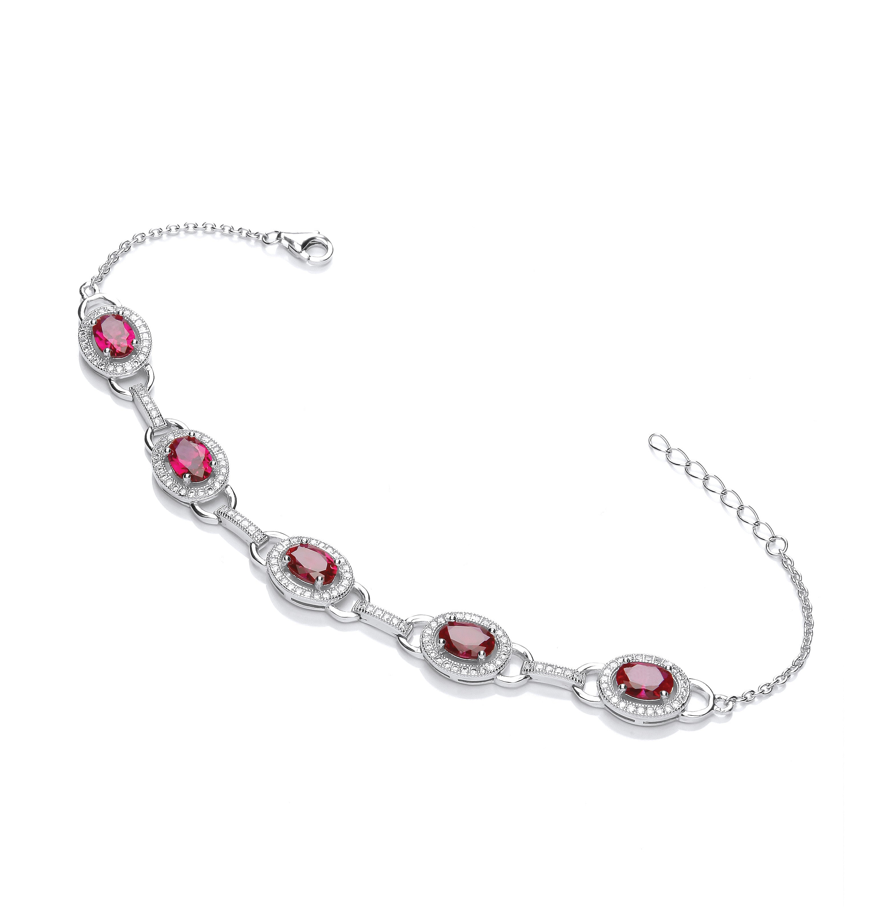 Red & Clear Cubic Zirconia's Halo Style Ladies Sterling Silver Bracelet