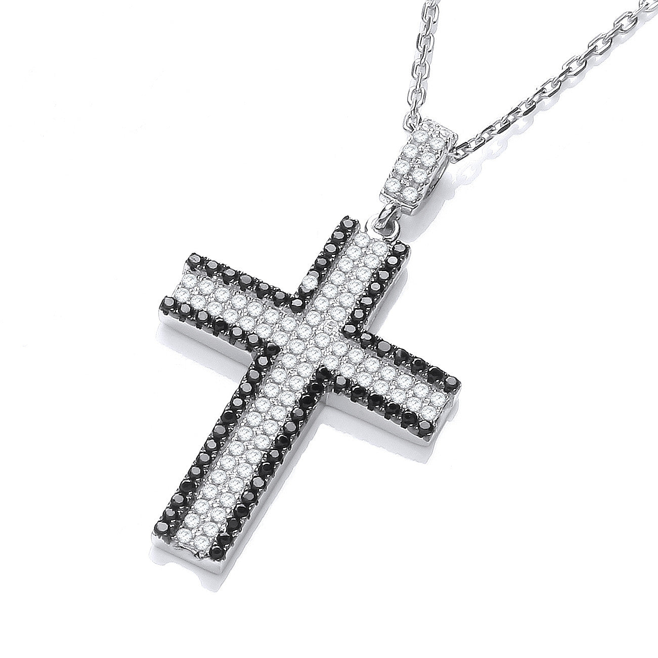 Micro Pave' Black & Clear Cubic Zirconia Cross with Chain