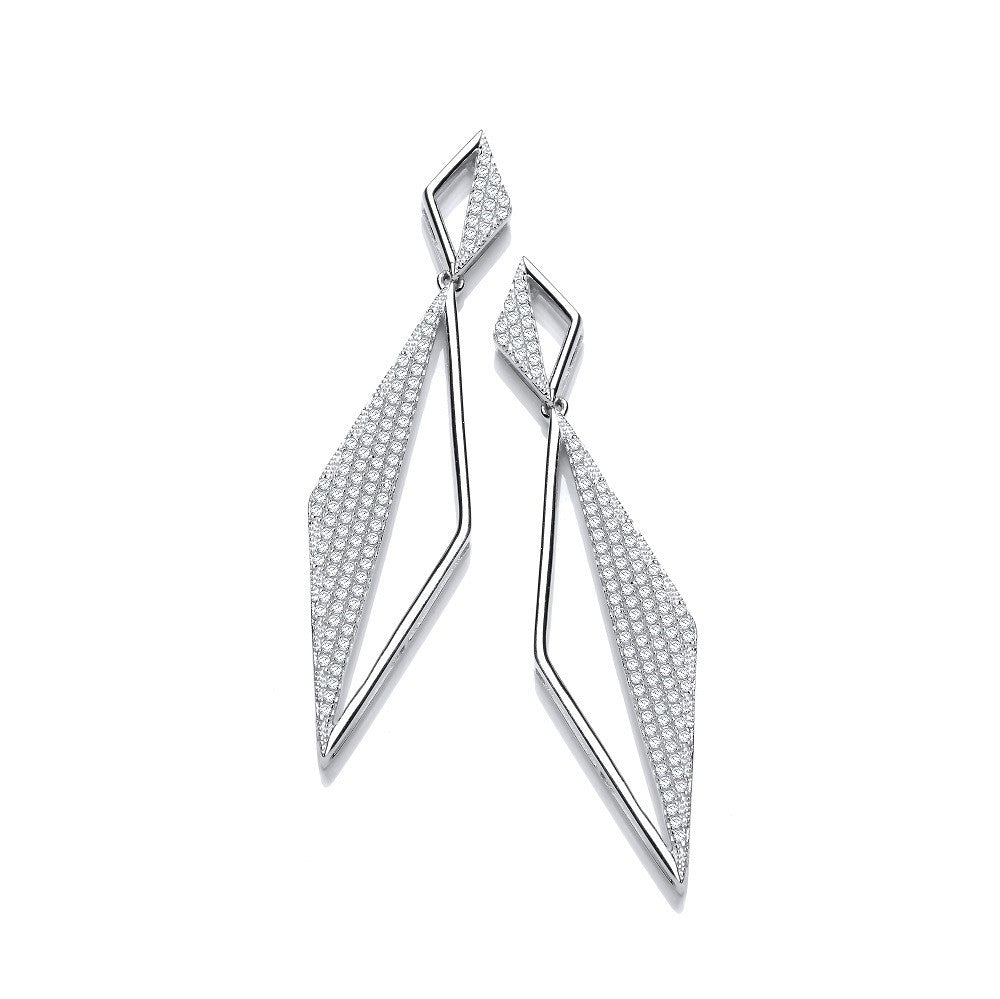 Long Triangle Pave' Cubic Zirconia Drop Sterling Silver Earrings