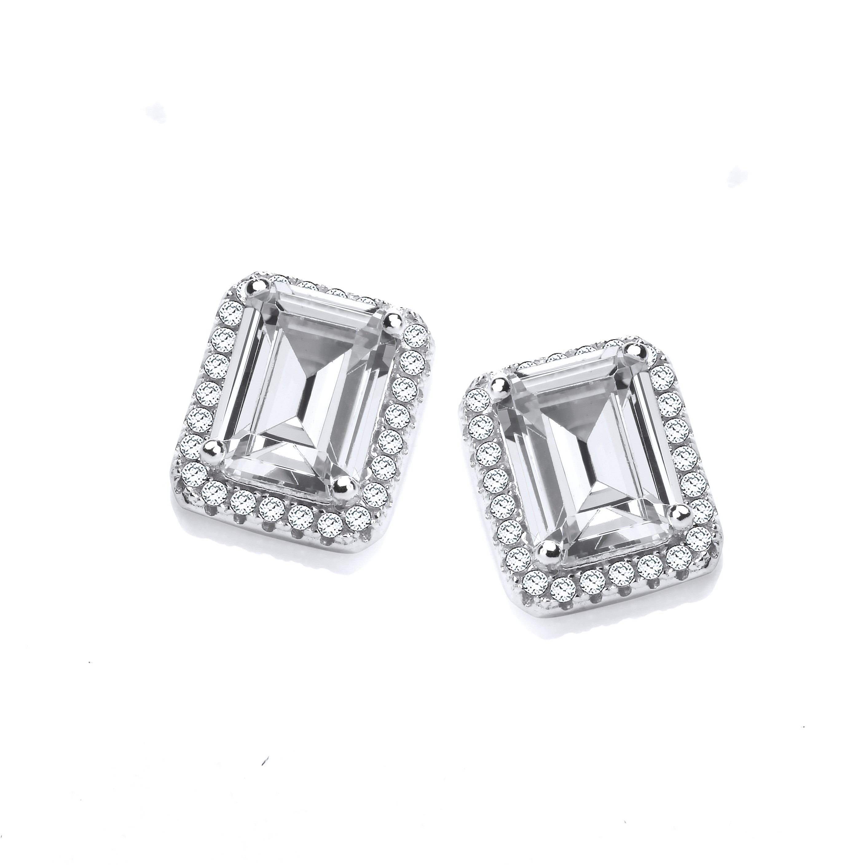 Micro Pave Emerald Cut Cubic Zirconia Sterling Silver Stud Earrings