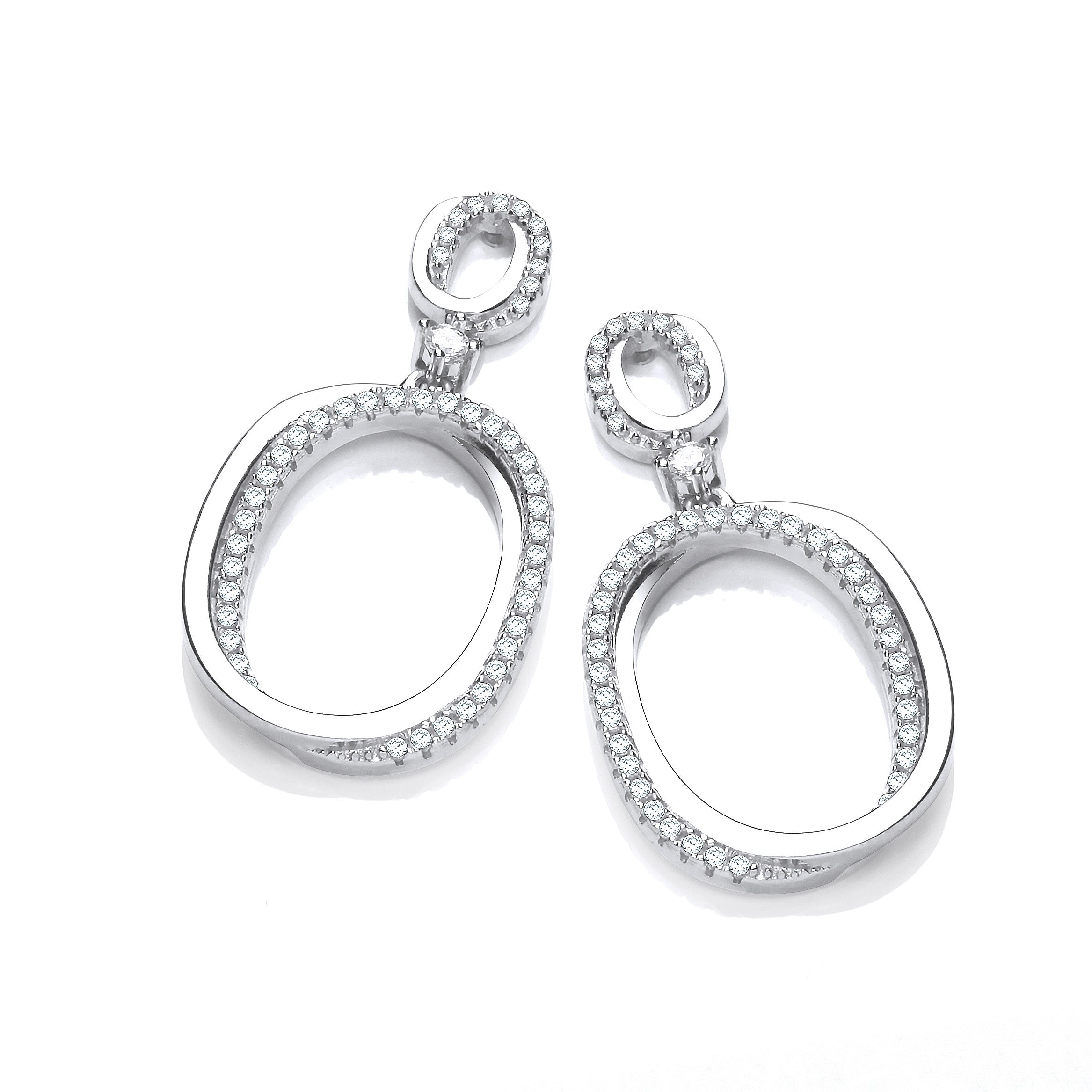 Oval Plain & Cubic Zirconias Drop Earrings