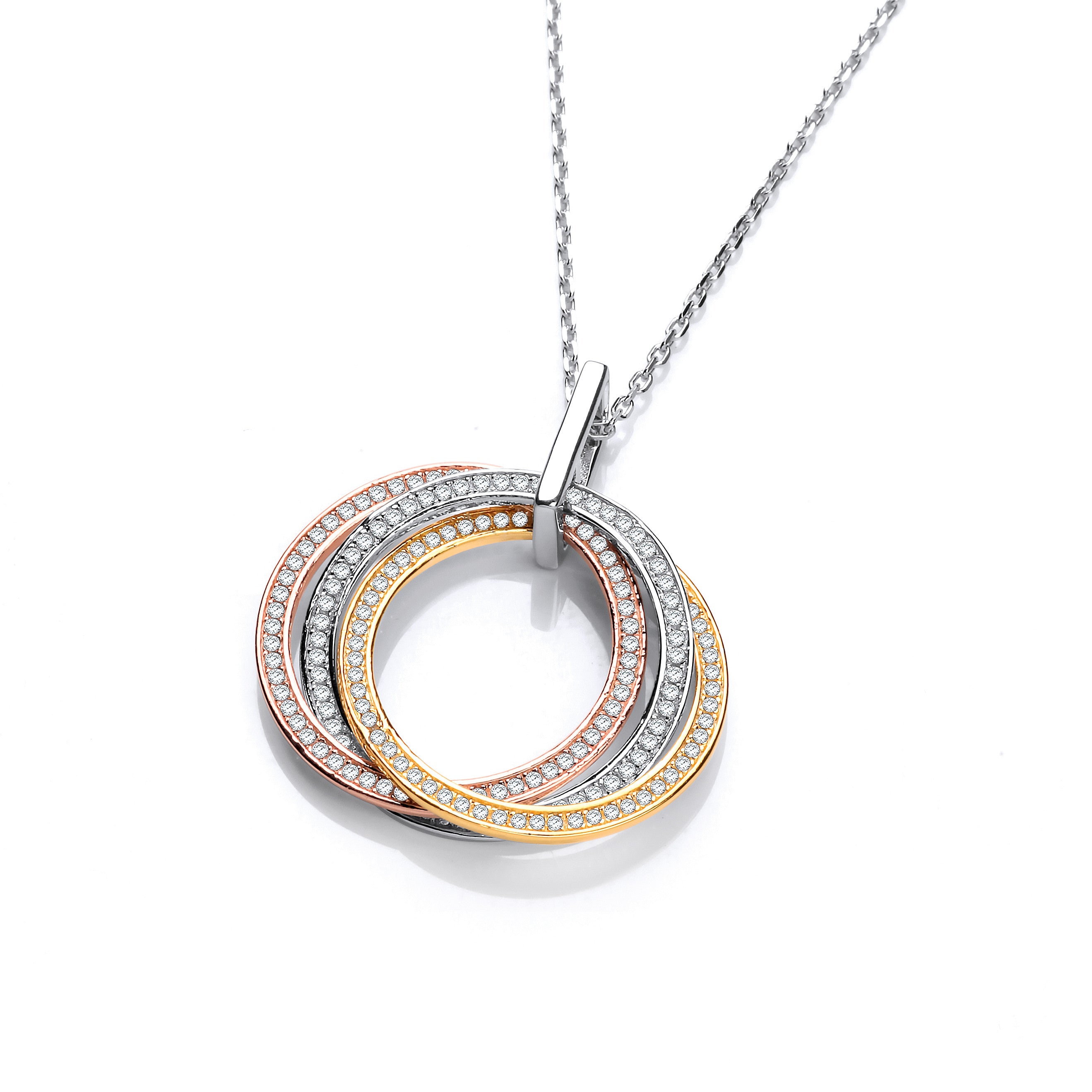 Sterling Silver, Yellow & Rose Gold Plated Cubic Zirconia Pendant with 18" Chain
