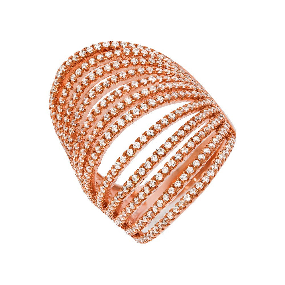 Micro Pave' Rose Coated & Sterling Silver 12 Row's of Cubic Zirconia Ring