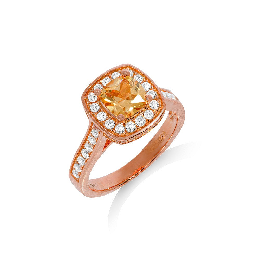 Micro Pave Rose Coated Champagne Centre Sterling Silver Cubic Zirconia Ring