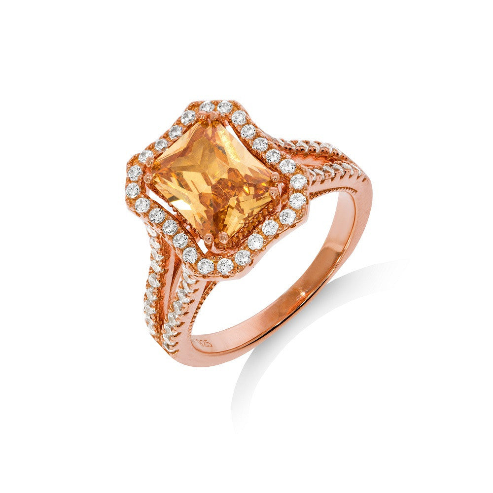 Micro Pave Rose Coated Champagne Centre Sterling Silver Cubic Zirconia Ring