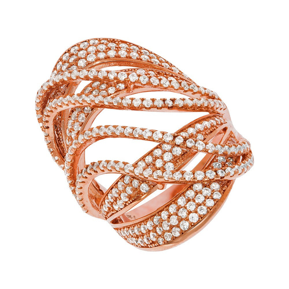 Micro Pave Rose Coated Fancy Sterling Silver Cubic Zirconia Ring