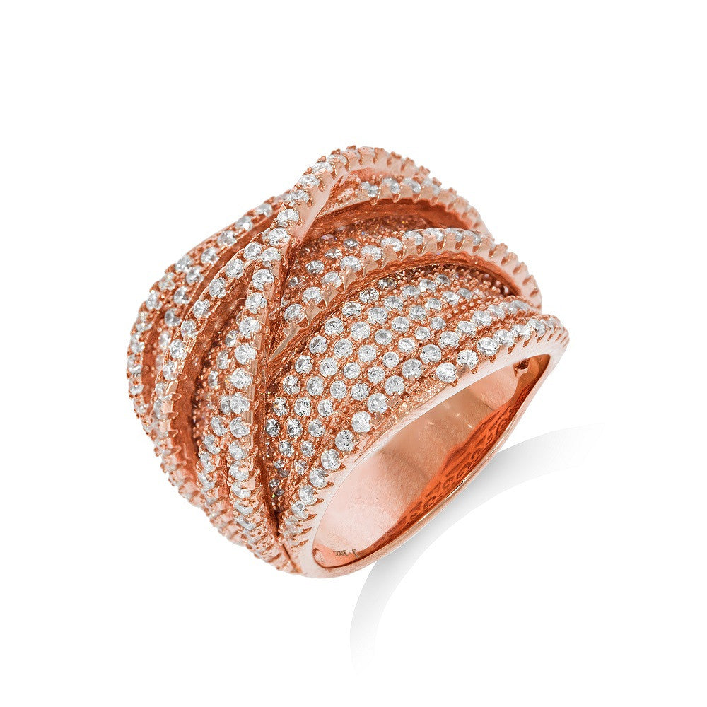 Micro Pave Rose Coated Fancy Sterling Silver Cubic Zirconia Ring