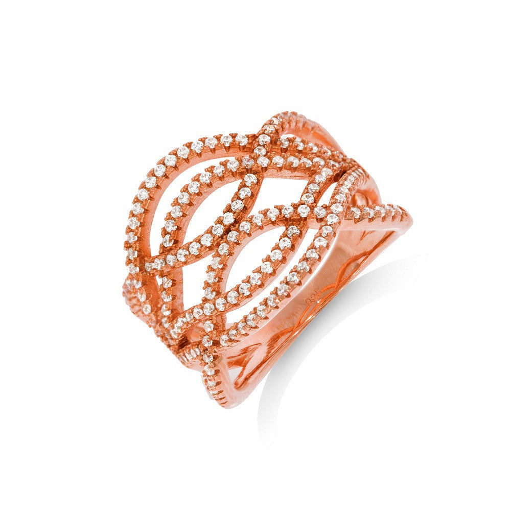 Micro Pave Rose Coated Fancy Sterling Silver Cubic Zirconia Ring