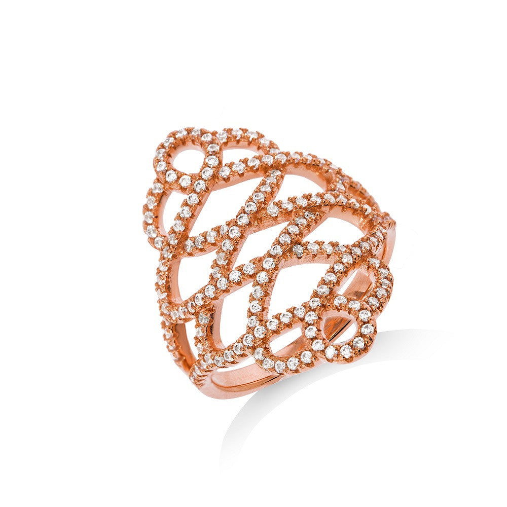Micro Pave Rose Coated Fancy Sterling Silver Cubic Zirconia Ring