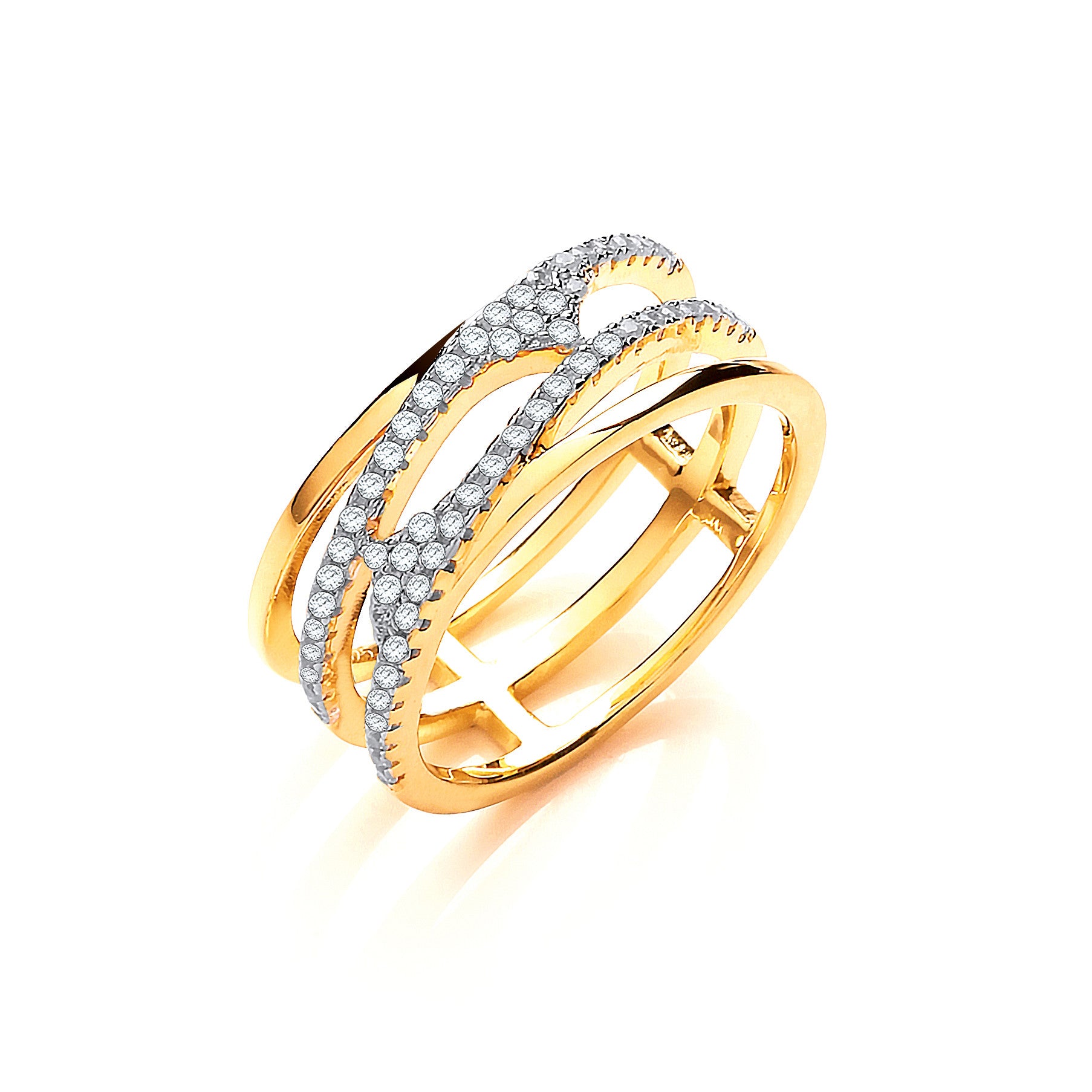 Yellow Gold Coated Sterling Silver, Three Row, Micro Pave Cubic Zirconia Ring