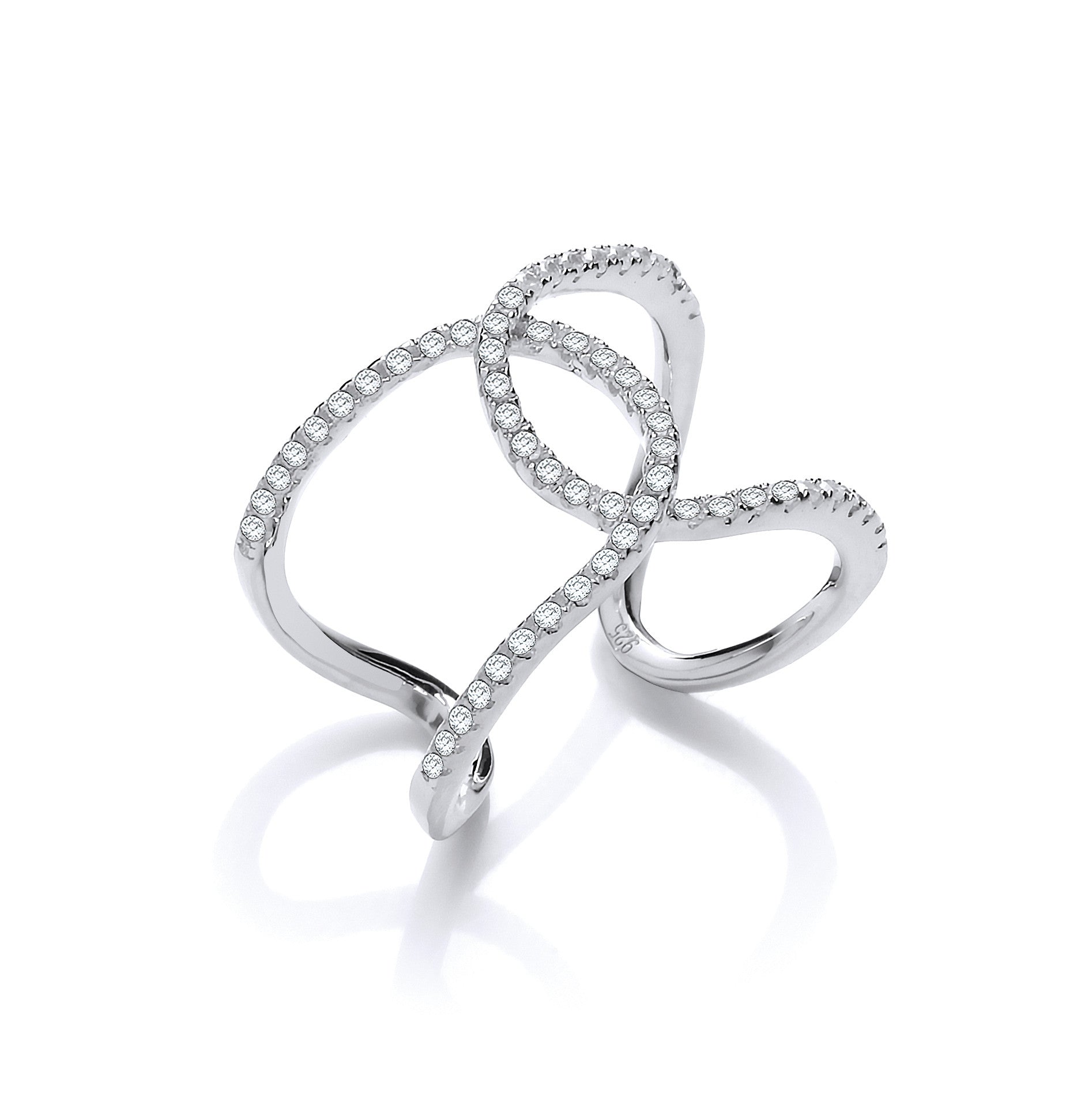 Micro Pave Cubic Zirconia Two Row Interlocking Cuff Sterling Silver Ring