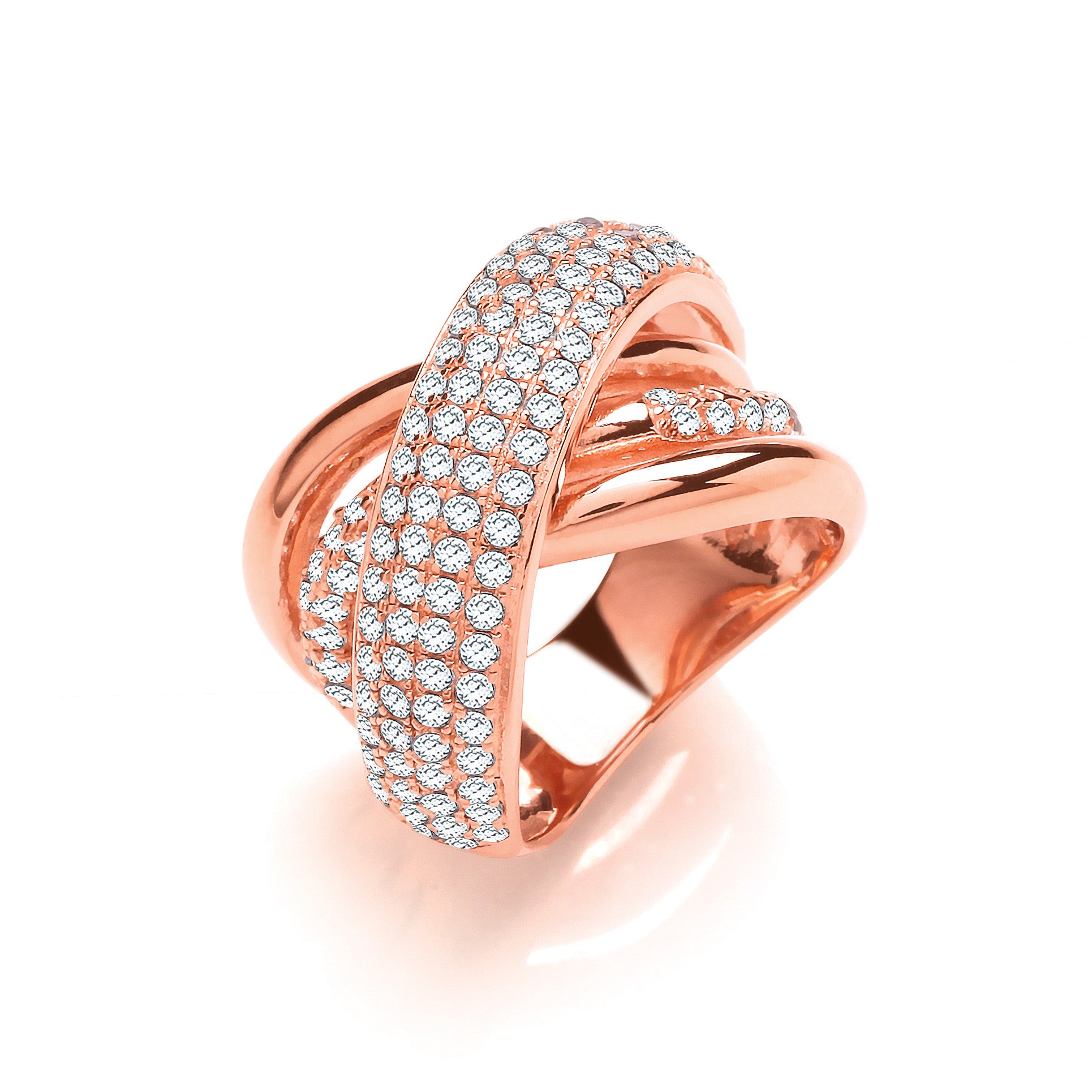 Rose Coated Large Intertwined Design Sterling Silver Cubic Zirconia Ring