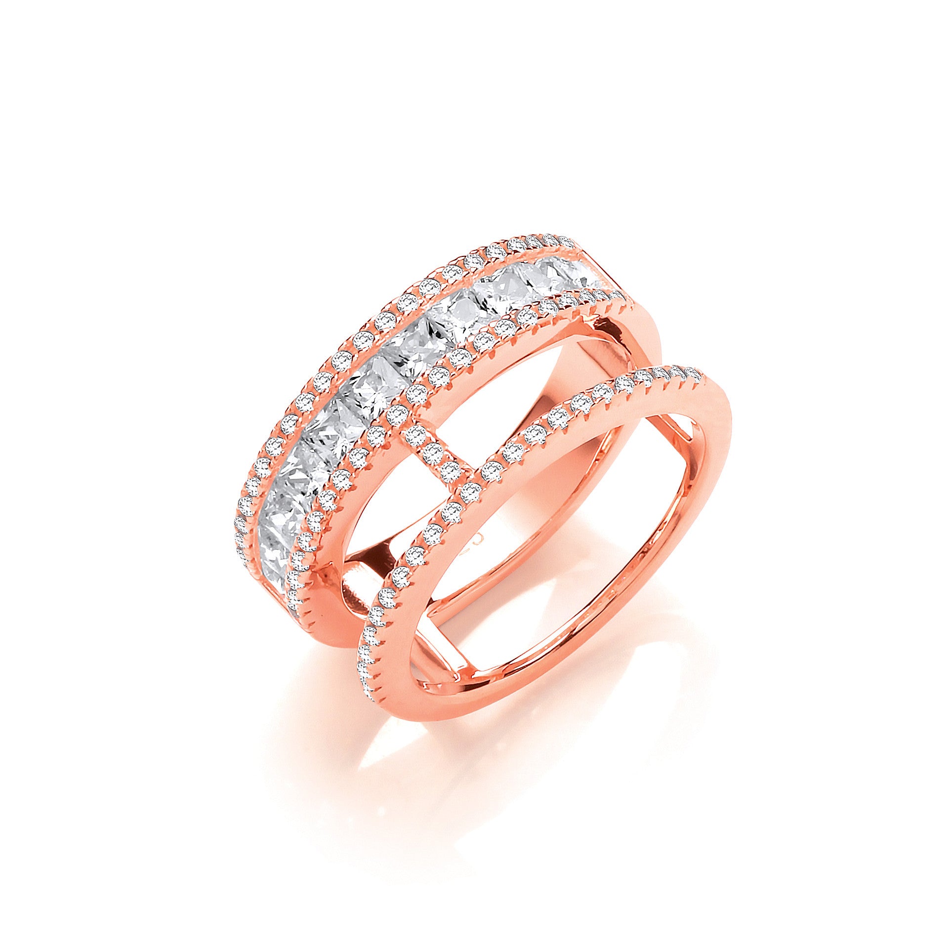 Princess Cut and Round Pave Cubic Zirconia Rose Gold Plated Sterling Silver Ring