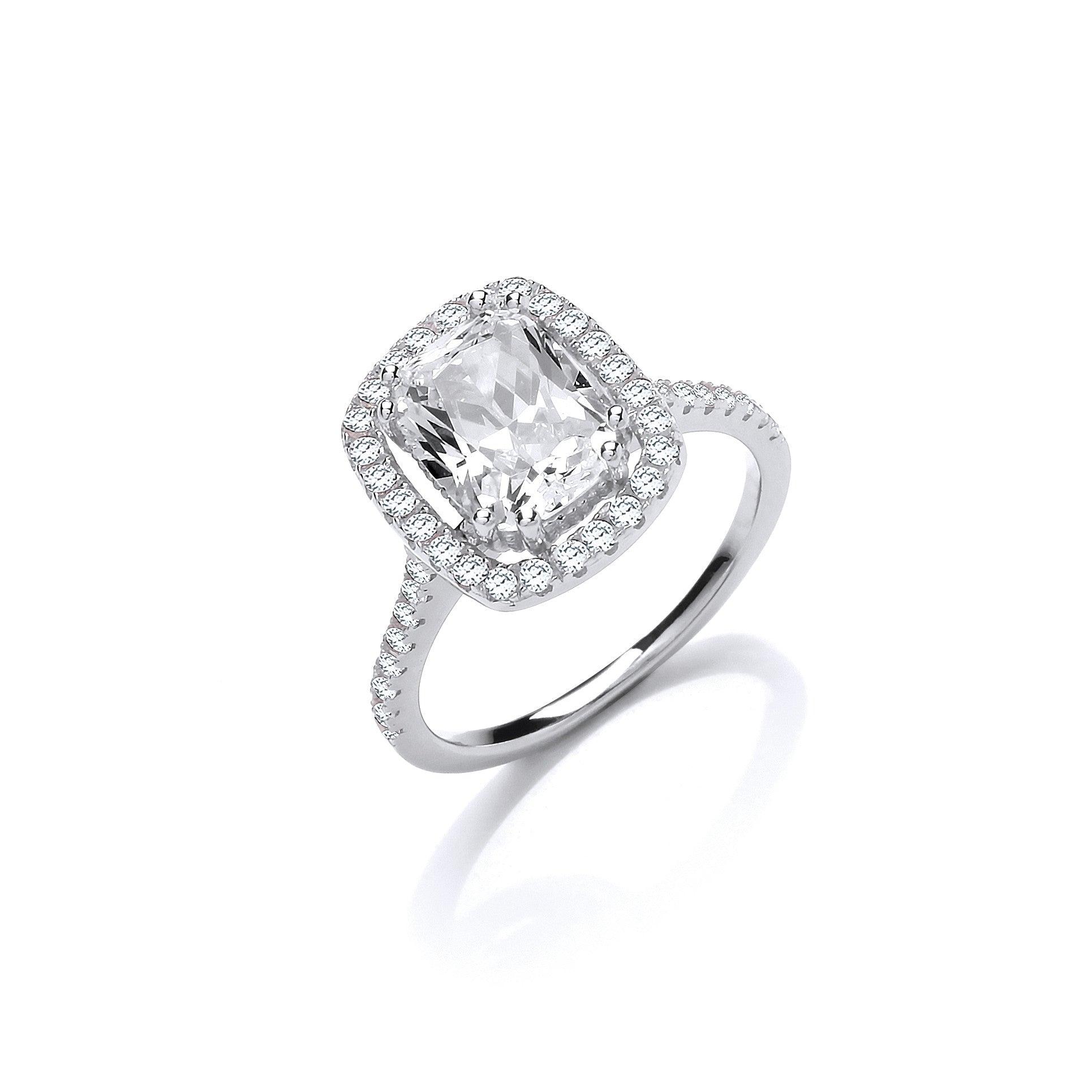 Halo Style High Setting Emerald Cut Cubic Zirconia Sterling Silver Ring