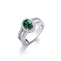 Oval Green Cubic Zirconia with Baguette & Round Cubic Zirconias on Shoulder Sterling Silver Ring