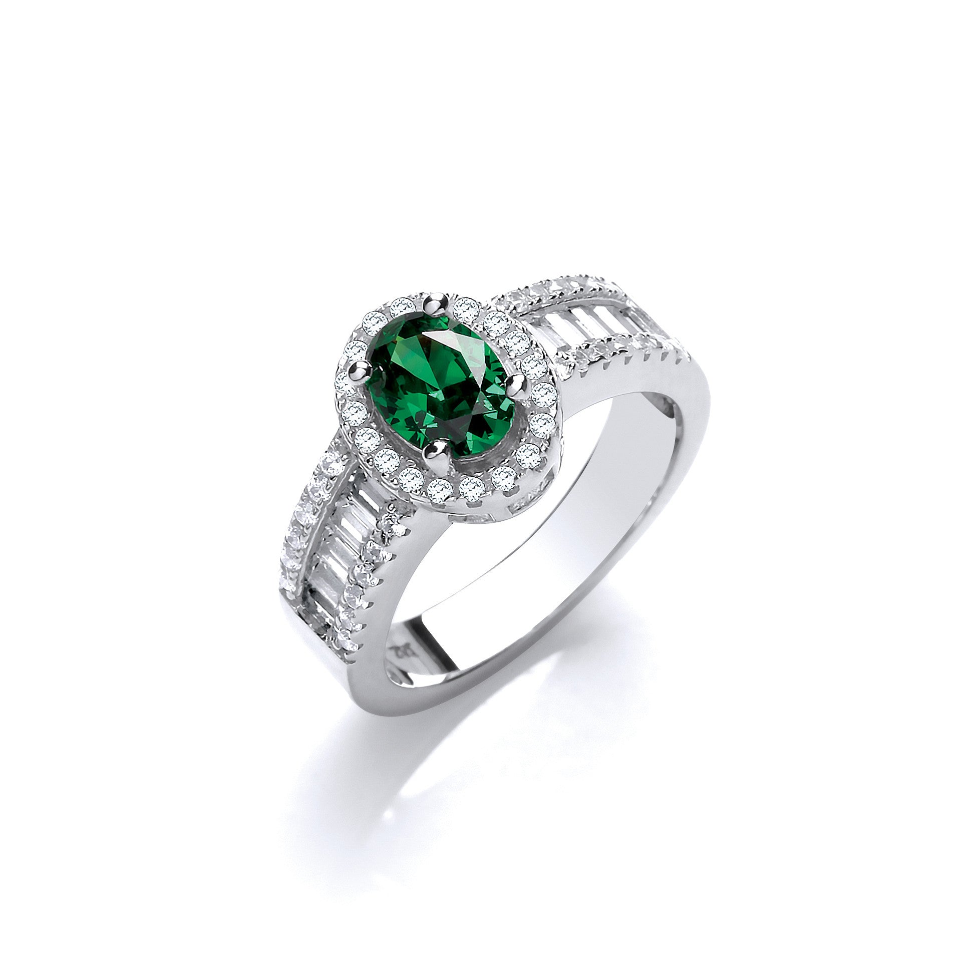 Oval Green Cubic Zirconia with Baguette & Round Cubic Zirconias on Shoulder Sterling Silver Ring