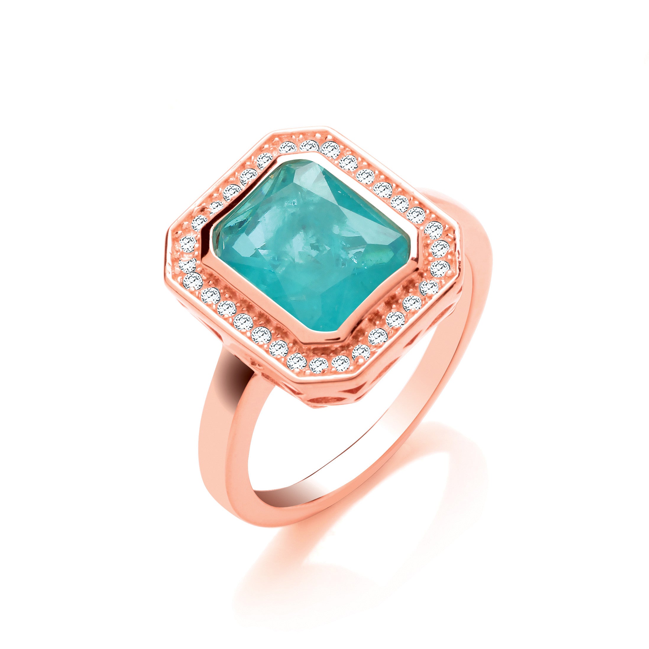 Green Natural Stone & Glass Emerald Cut Rose Gold Plated Sterling Silver Ring