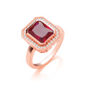 Red Corundum Emerald Cut Rose Gold Plated Sterling Silver Ring